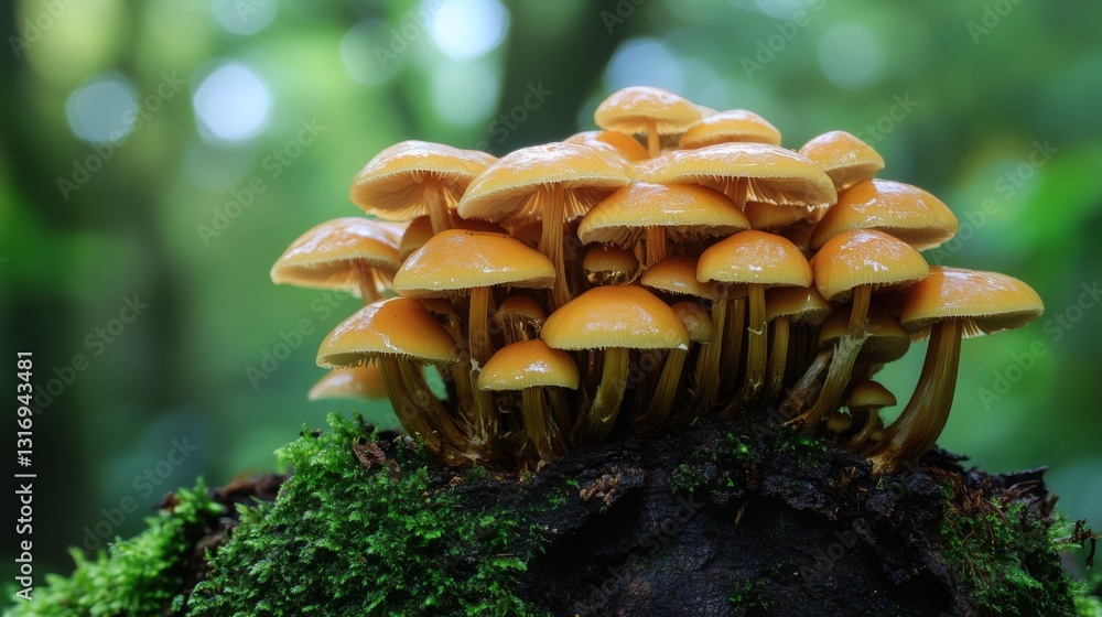 Poster Create  prompts for stock photos related to Mushrooms group Kuehneromyces mutabilis on a tree stump with - characters and ending with