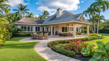Elegant rental villa with an outdoor dining area, modern design, and tropical plants.