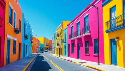 Fototapeta premium Illustration of Bright and Colorful Abstract Urban Painted Street. Architectural Buildings under Blue Sky. Travel / Holiday Background with Copy space