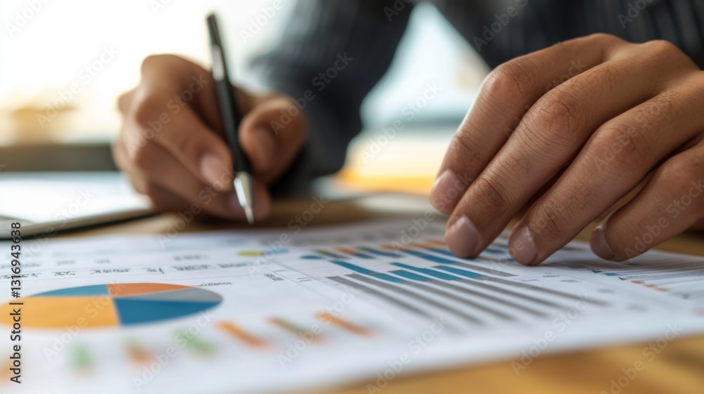Poster create prompts for stock photos related to people analyzing tabs with graphs and statistics. isolate