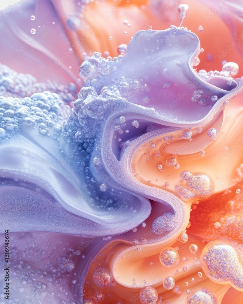 Poster ethereal fluid art with pastel hues and shimmering bubbles creating a dreamy and mesmerizing visual 
