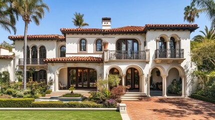 Obraz premium Elegant Spanish-style two-story home with decorative tiles, arches, and a red clay roof.