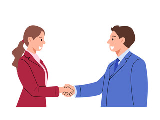 A vector illustration of a businesswoman and businessman shaking hands, symbolizing a successful business partnership. Perfect for conveying collaboration, agreement, and professional relationships.