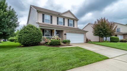 Fototapeta premium Elegant suburban two-story home with a well-manicured lawn and inviting front porch.