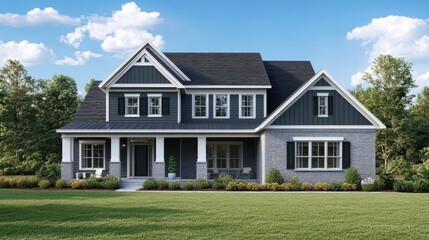 Obraz premium Elegant suburban two-story home with a well-manicured lawn and inviting front porch.