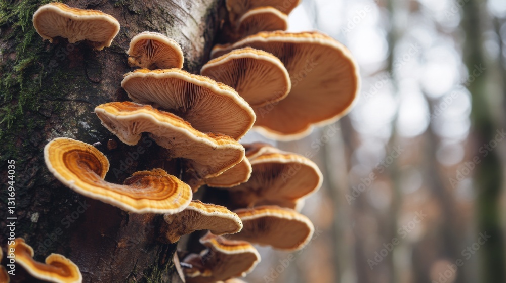 Aufkleber Create  prompts for stock photos related to Reishi mushrooms grow on the branches of trees in the forest with - characters and ending with