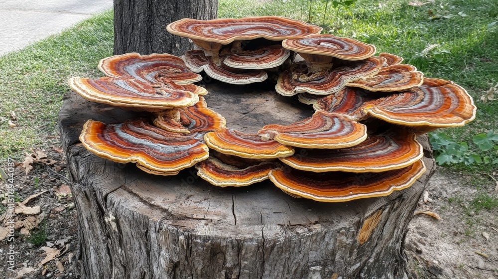 Poster create prompts for stock photos related to reishi mushroom colony growing on a tree stump with - cha