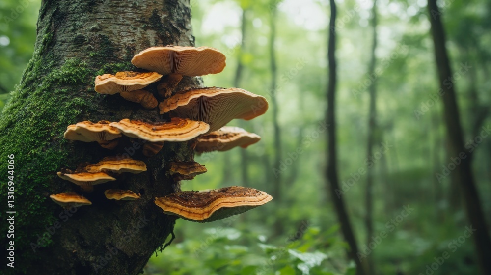 Poster Create  prompts for stock photos related to Reishi mushrooms grow on the branches of trees in the forest with - characters and ending with