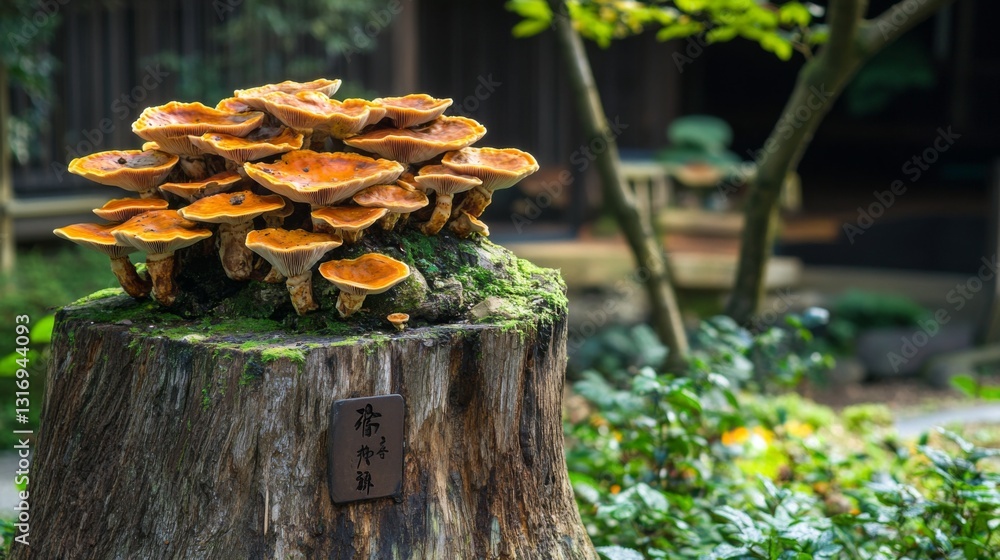 Aufkleber Create  prompts for stock photos related to Reishi mushroom colony growing on a tree stump with - characters and ending with
