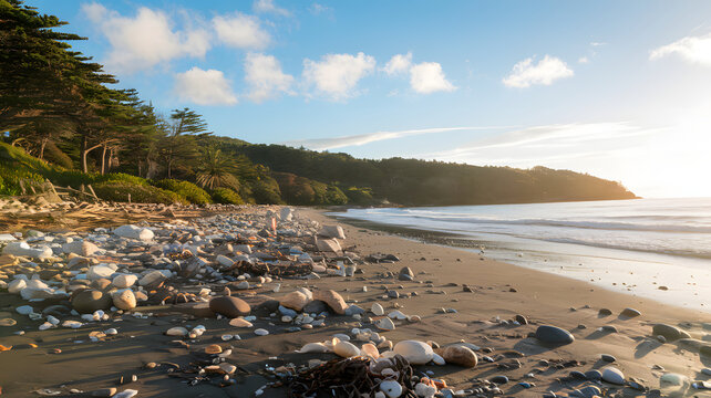 A sunlit beach with scattered shells and smooth stones lining the shore.