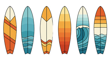 Row of Colorful Surfboards with Abstract Wave Designs on Beige