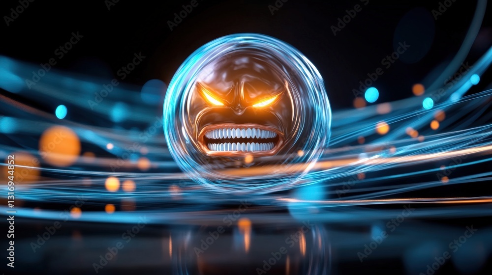 Poster dynamic energy sphere with fiery eyes digital realm 3d rendering futuristic environment close-up vie