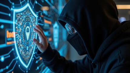 Person in hoodie interacting with digital security interface, showcasing cybersecurity themes and technology