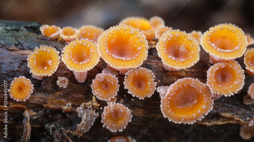 Poster mushroom hypholoma in close view growing on decaying wood with - characters and ending with