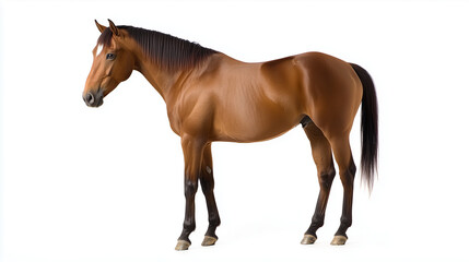 Naklejka premium A Bay Horse Standing on Pristine White Background with Centered Framing and Soft, Even Lighting for Professional Photography