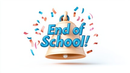 Silly school bell dancing with confetti, "End of School!" in playful 3D gradient font, joyful and funny, isolated on white, professional stock.