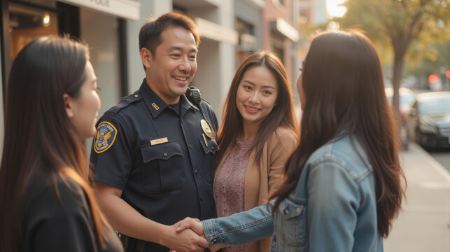 Friendly police officer interacting with women on city street, showcasing community engagement and trust
