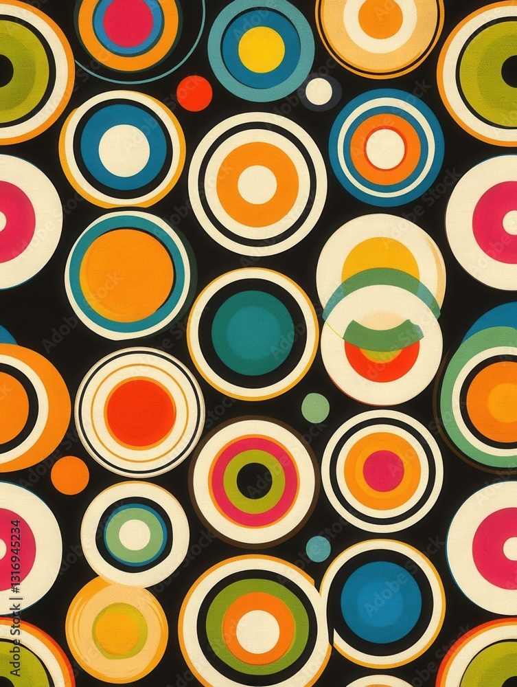 Poster vibrant retro circles pattern on dark backdrop seamless geometric design for textile and wallpaper b