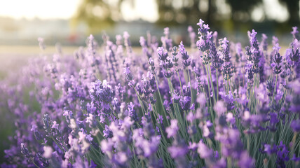 Obraz premium A sunlit field of lavender with the flowers swaying in the warm breeze.