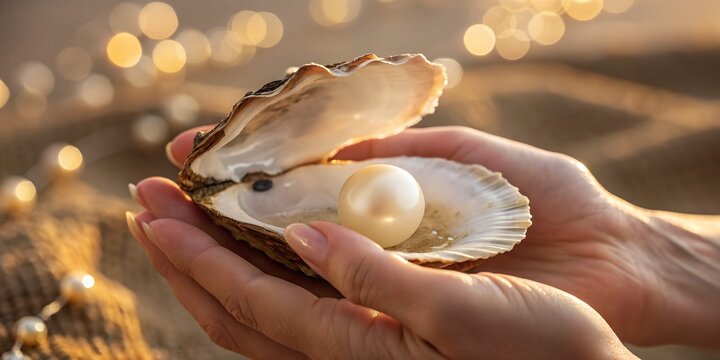 A person holds an open oyster with a luminous pearl inside, surrounded by soft golden light. A symbol of rarity, luxury, and natural beauty, representing the treasures of the ocean and elegance.


