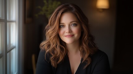 Confident Female Professional in Contemporary Office Space, Poised Upper Body Portrait with Soft Window Lighting from Left, Elegance in the Workplace.