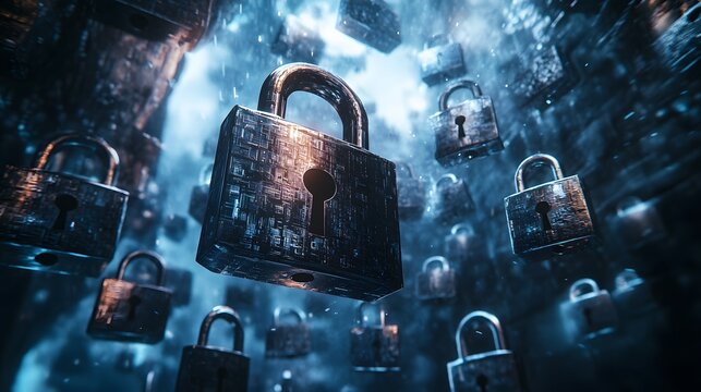 A close-up of floating padlocks in cyb 3 2 showcasing vibrant city life security technology and modern urban design elements in stunning detail