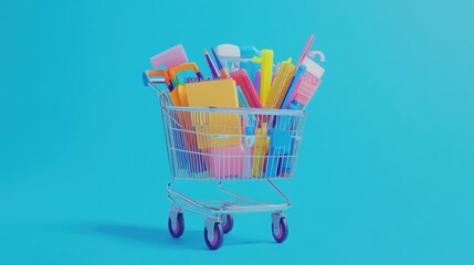Colorful shopping cart filled with school and cleaning supplies
