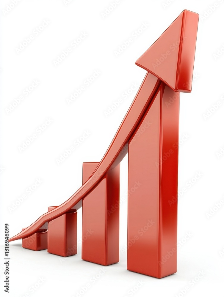 Poster red arrow and bar graph showing upward trend on white background symbolizing business growth and pro