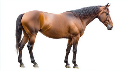Naklejka premium A Bay Horse Standing on Pristine White Background with Centered Framing and Soft, Even Lighting for Professional Photography
