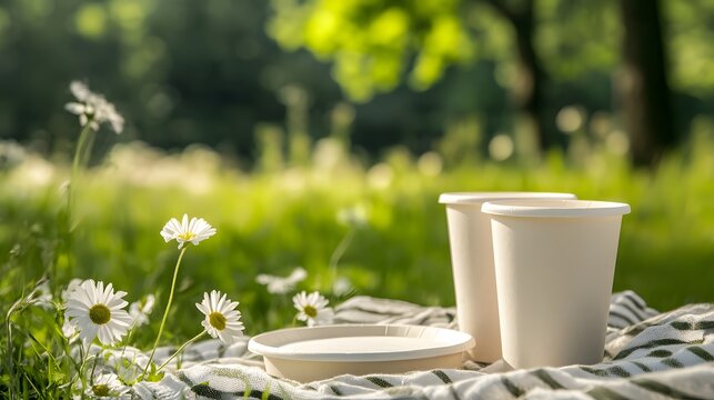 Biodegradable cups and plates at a picnic showcasing eco-friendly dining options with nature in a sunny outdoor setting for sustainability and enjoyment
