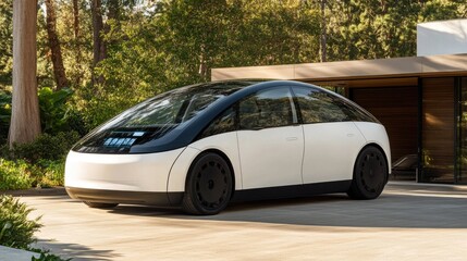 Futuristic minimalist home with a slanted roof, smart glass, and a high-tech control system.