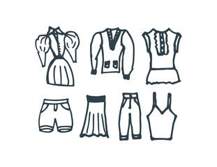 Fototapeta premium Hand drawn fashion cloth icon set. Doodle dress rough sketch.