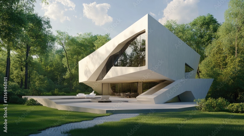 Poster geometric modern house with sharp angles and unique exterior.