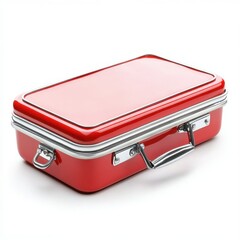 Rectangular red metal box with silver trim on a white background studio shot with soft lighting