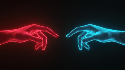 Obraz premium Two stylized hands, one red and one blue, reaching towards each other in a digital, neon-like representation, symbolizing connection and creativity.