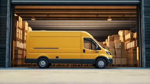 Delivery van parked at warehouse with stacked boxes ready for shipment during daylight hours