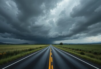 Fototapeta premium Highway Perspective Under Approaching Stormy Sky and Vast Open Field Landscape
