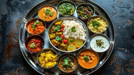 Colorful Indian Food Platter with Rice and Diverse Dishes Showcasing Culinary Artistry and Cultural Heritage