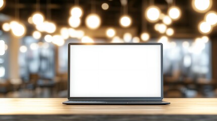 Fototapeta premium Laptop with Blank Screen on Wooden Table in Cafe Setting Perfect for Mockups and Presentations