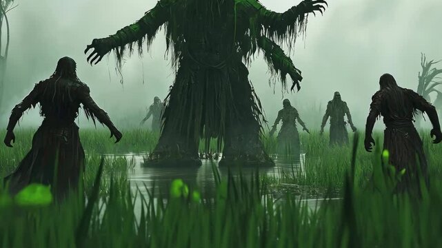 Mysterious swamp creatures gather around a massive dark figure in a misty environment during twilight hours