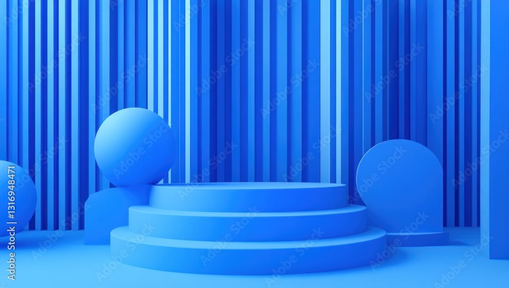 Poster abstract blue 3d rendering of a stage with spheres and geometric shapes.