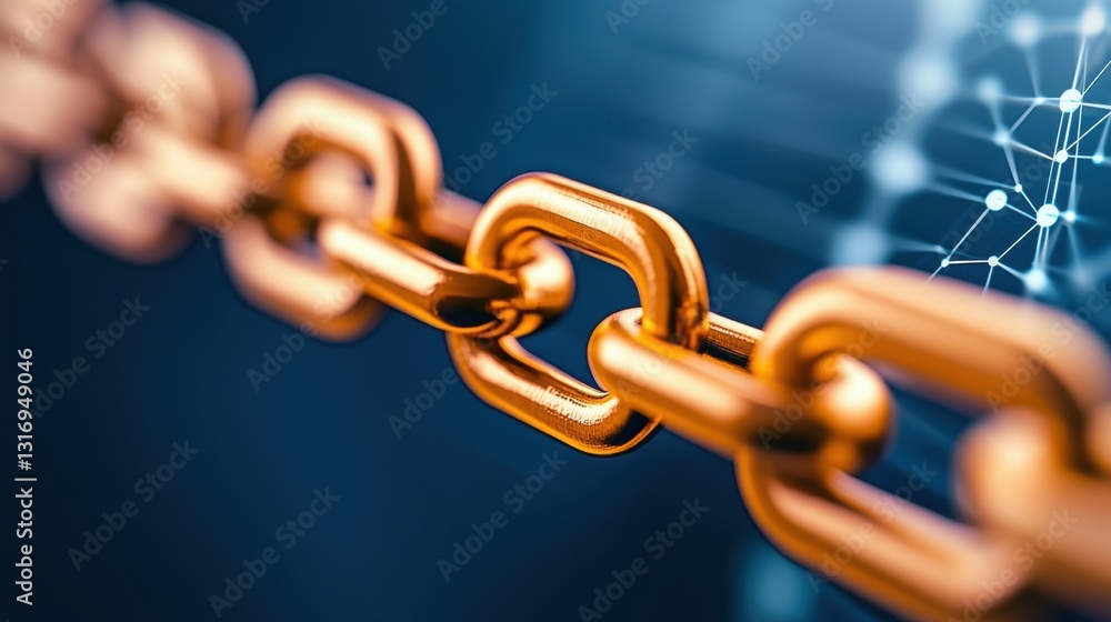 Poster a close-up of a gold chain link, symbolizing strength and connection, with a digital backdrop repres