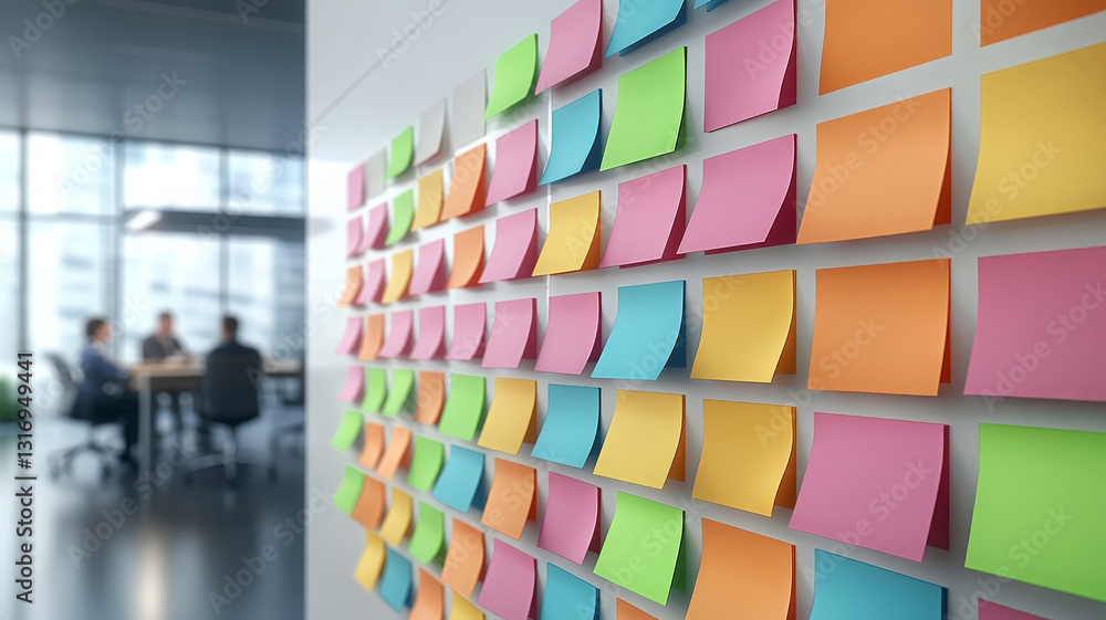 Poster colorful post it notes arranged on wall, creating vibrant workspace atmosphere. blurred background s