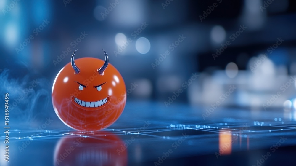 Poster menacing red sphere with devilish features digital realm 3d animation technology environment close-u