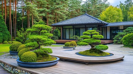 Obraz premium Japanese house surrounded by large bonsai trees, a wooden deck, and a low stone wall creating a calming space.