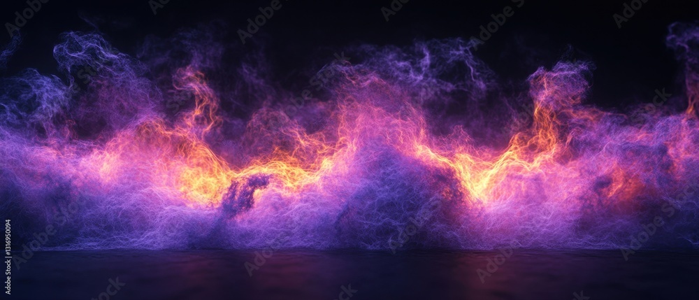 Poster ethereal abstract background with vibrant purple and orange energy waves on a dark backdrop creating
