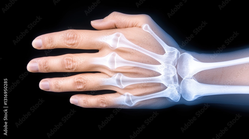 Poster an x-ray image of a human hand, highlighting the skeletal structure and joints with a dark backgroun