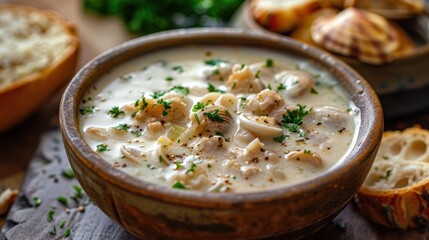 Creamy Seafood Chowder with Fresh Herbs Served in a Rustic Bowl Alongside Crusty Bread and Garnished with Parsley