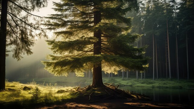 sunlight pine tree in a forrest
