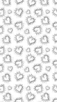 4k animated cute heart retro seamless pattern Isolated Doodle Heart Vector Hand Drawn Texture. Valentine's Day or Love Concept. Heart Sketch Design. Black and White  heart stickers Texture Design.